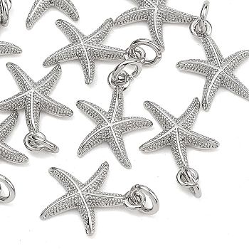 SHEGRACE Brass Pendants, Starfish Charms, Cadmium Free & Nickel Free & Lead Free, Real Platinum Plated, 12x9.5x2mm, Hole: 2mm