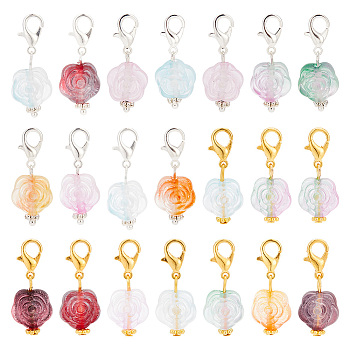 PandaHall Elite 100Pcs 2 Style Acrylic Rose Flower Pendants Decoration, Clip-on Charms, with Alloy Lobster Claw Clasps, Mixed Color, Golden & Silver, 28mm, 50pcs/style