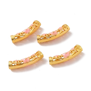Hollow Alloy Tube Beads, with Enamel, Curved Tube, Matte Gold Color, Pink, 22.5x5mm, Hole: 3mm