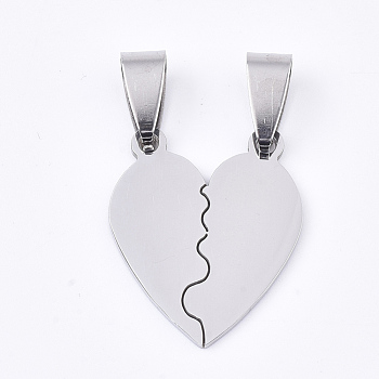 201 Stainless Steel Split Pendants, for Lovers, Heart with Heart, Stainless Steel Color, 23x19x1mm, Hole: 8x4mm