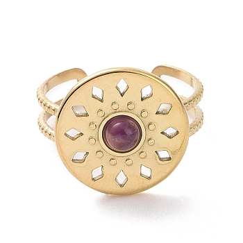 Natural Amethyst Flat Round Open Cuff Rings, Titanium Steel Jewelry for Women, Golden, Inner Diameter: 19mm