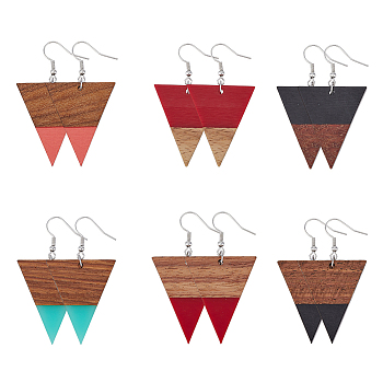 6 Pair 6 Style Resin & Wood Dangle Earrings with Iron Pins, Triangle, Mixed Color, 58x31mm, 1 Pair/style