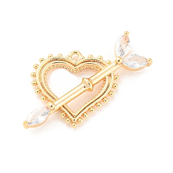 Brass Pendants, with Clear Glass, Heart with Arrow Charms, Real 18K Gold Plated, 21x28x5mm, Hole: 1.2mm
