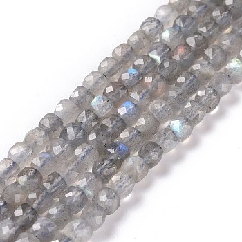 Natural Labradorite Beads Strands, Faceted, Cube, 4~4.5x4~4.5x4~4.5mm, Hole: 0.6mm, about 86~98pcs/Strand, 15.2 inch(38.5cm)
