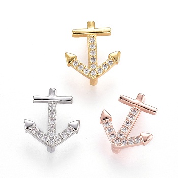 Brass Micro Pave Cubic Zirconia Slide Charms, Lead Free & Cadmium Free, Anchor, Clear, Mixed Color, 14x13x6mm, Hole: 2x11mm