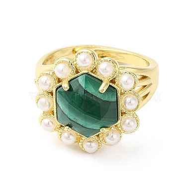 Ion Plating(IP) Natural Mixed Gemstone Hexagon Adjustable Ring with Plastic Pearl Beaded(RJEW-E075-03G)-3