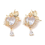 Brass & Clear Cubic Zirconia Pendants, Heart & Butterfly  Charms, Real 18K Gold Plated, 35.5~37x23~24x9~9.5mm, Hole: 4.5x3mm(KK-G558-04G)