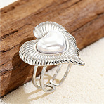 304 Stainless Steel Pave Imitation Pearl Cuff Open Rings, Heart, Stainless Steel Color, 18mm(RJEW-T037-04P)