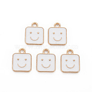 Alloy Enamel Charms, Cadmium Free & Lead Free, Light Gold, Square with Smile, White, 13x10x1.5mm, Hole: 1.6mm(ENAM-T016-13E-RS)