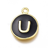 Brass Enamel Pendants, Long-Lasting Plated, Black, Golden, Flat Round, Letter.U, 16.5x13x2mm, Hole: 1.5mm(KK-H103-02U-G)