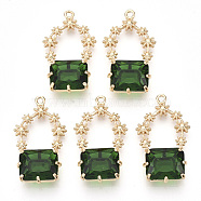 Golden Tone Brass Pendants, with Faceted Glass, Sea Green, 28~30x16~18x6.5mm, Hole: 1.6mm(X-GLAA-R212-09C)