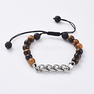 Natural Tiger Eye & Lava Rock Braided Bead Bracelets, with 304 Stainless Steel Wheat Chains and Nylon Thread, 1-3/4 inch~3-1/8 inch(4.5~8cm)(BJEW-JB04774-01)