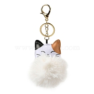 Imitation Rex Rabbit Fur Ball & PU Leather Cat Pendant Keychain, with Alloy Clasp, for Bag Car Pendant Decoration, White, 16cm(X1-KEYC-K018-05KCG-01)