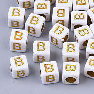 Plating Acrylic Beads, Horizontal Hole, Golden Metal Enlaced, Alphabet Style, Cube, Letter.B, 5.5~6x5.5~6x5.5~6mm, Hole: 3.5mm, about 3000pcs/500g(SACR-S297-09B)