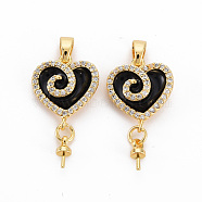 Brass Micro Pave Clear Cubic Zirconia Peg Bails Pendants, for Half Drilled Bead, Nickel Free, with Enamel and Brass Snap on Bails, Real 18K Gold Plated, Heart, Black, 28mm, Hole: 4.5x2.5mm, Pin: 1mm(for half drilled beads), Heart: 15x13x4mm(KK-N233-123-NF)