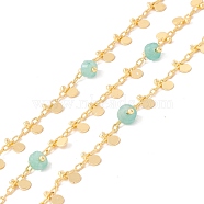 Natural Flower Amazonite Column Beaded Chains, with Brass Paperclip Chains and Flat Round Charm, Soldered, with Spool, Lead Free & Cadmium Free, Golden, 2x1x0.5mm, 5.5x3x1mm(CHC-K012-01G-07)