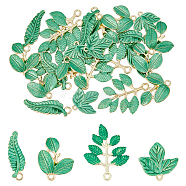 40Pcs 4 Style Alloy Enamel Pendants, Light Gold, Leaf & Leafy Branch & Maple Leaf, Green, 22~36.5x10~28x1.5~3mm, Hole: 2~2.6mm, 10pcs/style(ENAM-DC0001-30)