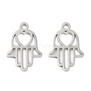 316 Surgical Stainless Steel Pendants, Laser Cut, Hamsa Hand with Heart Charm, Stainless Steel Color, 15.5x10.5x1mm, Hole: 1.5mm(STAS-C096-01P)