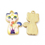Rack Plating Alloy Pendants, Printed, Lead Free & Cadmium Free & Nickel Free, Cat Charm, Light Gold, Floral White, 23x14x2mm, Hole: 1.6mm(FIND-H043-01LG-07)