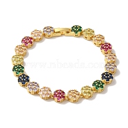 Rack Plating Brass Pave Cubic Zirconia Flower Link Chain Bracelets for Women, Lead Free & Cadmium Free, Real 18K Gold Plated, Colorful, 7-1/2 inch(19cm)(BJEW-A018-03G-02)