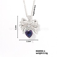 Brass Dark Indigo Rhinestone Bowknot Heart Shiny Pendant Necklaces for Women, Platinum, 15.75 inch(40cm)(UK5167)