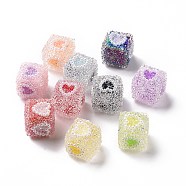 Acrylic Beads, No Hole/Undrilled, Cube with Heart, Mixed Color, 18x17x18mm(OACR-E009-01)