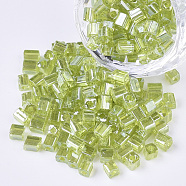 6/0 Glass Seed Beads, Transparent Colours Luster, Square Hole, Cube, Yellow Green, 6/0, 3~5x3~4x3~4mm, Hole: 1.2~1.4mm, about 4500pcs/bag(SEED-S027-05B-05)