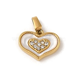 Ion Plating(IP) 304 Stainless Steel Pendants, with Rhinestone and Shell, Heart Charm, Golden, 11x14x2.5mm, Hole: 6x2.5mm(STAS-C103-10G)