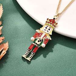 Alloy Enamel Christmas Nutcracker Pendant Necklaces, with Plastic Pearl & Rhinestone, Golden, Red, 20.87 inch(53cm)(NJEW-L048-01G-01)