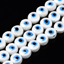 Handmade Porcelain Ceramic Beads Strands, Bright Glazed Porcelain, Flat Round with Evil Eye, White, 8x5mm, Hole: 1.5mm, about 40pcs/strand, 12.01 inch(30.5cm)(PORC-T006-04N)