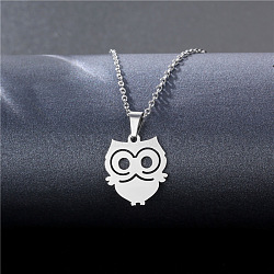 Owl Stainless Steel Pendant Necklaces, Cable Chain Necklaces for Women, Stainless Steel Color, 17.72 inch(45cm)(PW-WG1B650-01)