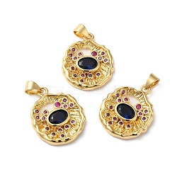 Rack Plating Brass Pave Cubic Zirconia Pendants, Lead Free & Cadmium Free, Real 18K Gold Plated, Long-Lasting Plated, Irregular Oval Charm, Midnight Blue, 21.5x17.5x3mm, Hole: 4x3.5mm(KK-O142-27G)