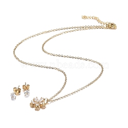 304 Stainless Steel Rhinestone Jewelry Sets, Sakura Pendant Necklaces and Stud Earrings, Cable Chains, Lobster Claw Clasps and Ear Nuts, Crystal, Golden, 18.11 inch(46cm), 15x1.5mm, Pin: 0.7mm(SJEW-H301-14G)