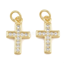Brass Micro Pave Clear Cubic Zirconia Pendants, Cross Charms, Cadmium Free & Lead Free, Golden, 16x10x2mm, Hole: 3mm(CU-CBADC6C-06G-02)