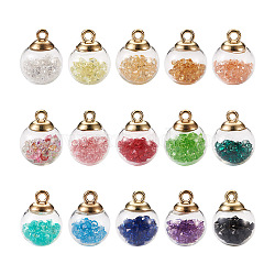 Glass Pendants, with Glass Rhinestones and CCB Plastic Findings, Golden, Round, Mixed Color, 90pcs/box(GLAA-KS0001-03)