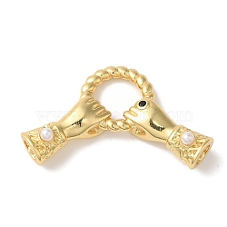 Rack Plating Brass Pave Black Cubic Zirconia Hands with Rings Links Connector Charms, with ABS Imitation Pearl, Cadmium Free & Lead Free, Long-Lasting Plated, Real 18K Gold Plated, 17x29x5.5mm, Hole: 7.5mm(KK-A229-13G)