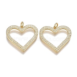 Brass Micro Pave Clear Cubic Zirconia Pendants, with Jump Rings, Long-Lasting Plated, Heart, Real 18K Gold Plated, 23.5x25x5x1.5mm, Hole: 3mm(ZIRC-A011-14G)