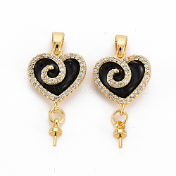 Brass Micro Pave Clear Cubic Zirconia Peg Bails Pendants, for Half Drilled Bead, Nickel Free, with Enamel and Brass Snap on Bails, Real 18K Gold Plated, Heart, Black, 28mm, Hole: 4.5x2.5mm, Pin: 1mm(for half drilled beads), Heart: 15x13x4mm(KK-N233-123-NF)