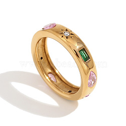 304 Stainless Steel Pave Colorful Cubic Zirconia Finger Rings, Teardrop & Sun & Rectangle Pattern, Golden, US Size 8(18.1mm)(FS-WG10745-03)