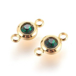 304 Stainless Steel Rhinestone Links connectors, Flat Round, Golden, Emerald, 12x6.5x4mm, Hole: 2mm(X-STAS-P237-17G-05)