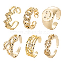 6Pcs 6 Styles Brass Micro Pave Cubic Zirconia Cuff Rings, Open Rings, Long-Lasting Plated, Wave & Toggle Clasp Shape & Chain Shape & Smiling Face, Golden, Inner Diameter: 16~17.5mm, 1pc/style(RJEW-LS0001-41G)