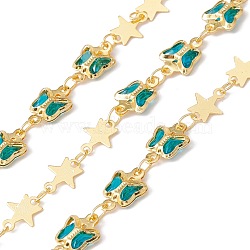 Handmade Eco-friendly Brass Butterfly & Star Link Chain, with Glass & Seed Beaded, Real 18K Gold Plated, Lead Free & Cadmium Free, Soldered, with Spool, Dark Turquoise, 8.5x6.5x0.3mm, 6x7x2mm, 11x7x2mm(CHC-E025-05G)
