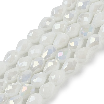 Opaque Solid Color Electroplate Glass Beads Strands, AB Color Plated, Faceted, Teardrop, White, 6x4mm, Hole: 0.9mm, about 65~67pcs/strand, 15.35~16.14 inch(39~41cm)