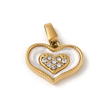 Ion Plating(IP) 304 Stainless Steel Pendants, with Rhinestone and Shell, Heart Charm, Golden, 11x14x2.5mm, Hole: 6x2.5mm