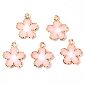 Transparent Epoxy Resin Pendants, with Alloy Findings, Flower, Light Gold, Pink, 18x15x3mm, Hole: 1.6mm