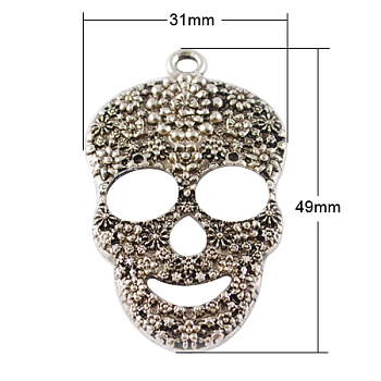 Day of the Dead Ornaments Tibetan Style Alloy Sugar Skull Pendants, For Mexico Holiday Day of the Dead, Cadmium Free & Nickel Free & Lead Free, for Halloween, Antique Silver, 49x31x5mm