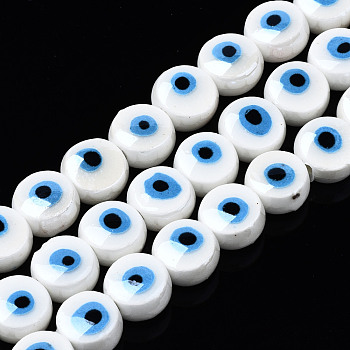 Handmade Porcelain Ceramic Beads Strands, Bright Glazed Porcelain, Flat Round with Evil Eye, White, 8x5mm, Hole: 1.5mm, about 40pcs/strand, 12.01 inch(30.5cm)