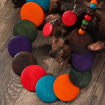 Bohemian Ethnic Style Wood Beaded Multilayer Necklaces & Dangle Earrings Sets, Flat Round, Colorful, 740mm & 44x23mm