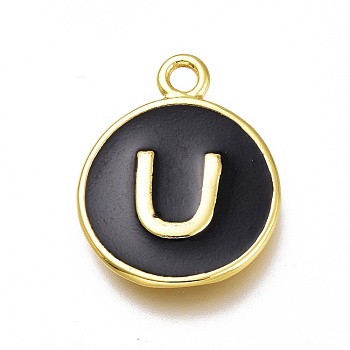 Brass Enamel Pendants, Long-Lasting Plated, Black, Golden, Flat Round, Letter.U, 16.5x13x2mm, Hole: 1.5mm