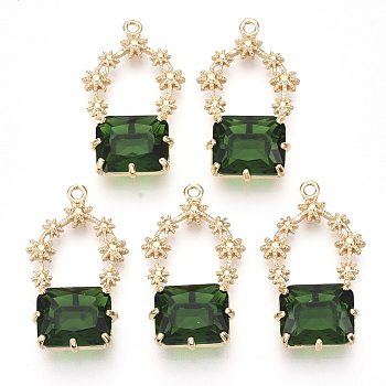 Golden Tone Brass Pendants, with Faceted Glass, Sea Green, 28~30x16~18x6.5mm, Hole: 1.6mm